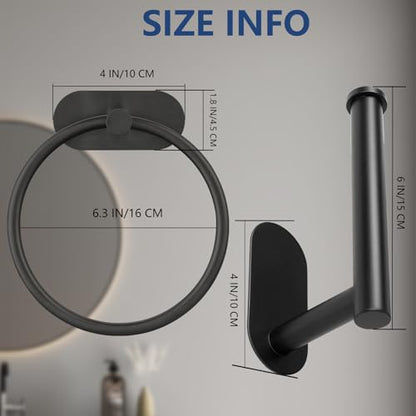 Self Adhesive Towel Ring and Toilet Paper Holder, No Drilling Stainless Steel Bathroom Hardware Set, Sturdy Bathroom Accessories for Home or Kitchen, Wall Mounted (Black) - color: Black