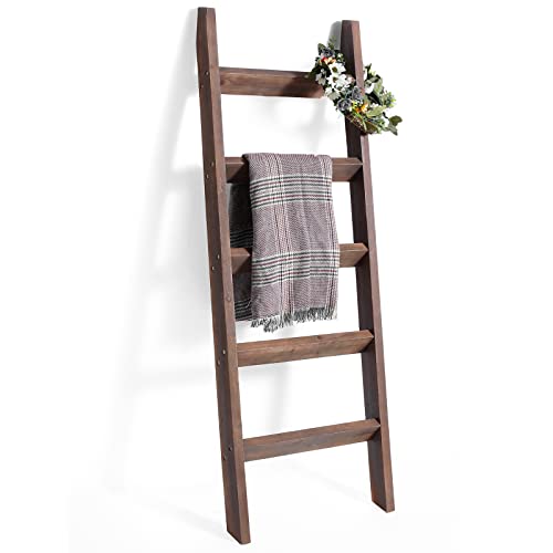 Blanket Ladder, 5ft Angled rungs Rustic Solid Wood Decor Rack, Brown | 5 rungs, farmhouse quilt display rack, organize towel, leaning wall, bathroom and living room use, non-knocked down side rail - color: Brown, size: Non-KD Side Rails