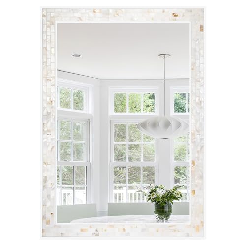 30x40 Inch Large Bathroom Mirror with White Wood Frame | Rectangular Wall Mirror, Handcrafted Mother of Pearl Mosaic Inlay, 3mm Tempered Glass, Horizontal Vertical Wall Mount Decor - size: 40"L x 30"W