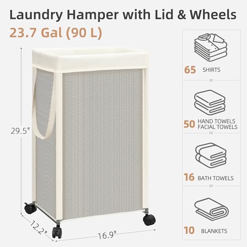 STORAGE MANIAC Laundry Hamper with Wheels, 90L (23.7 Gal) Large Tall Rolling Laundry Basket with Removable and Washable Liner Bag, Aesthetic Dirty Clothes Hamper for College, Dorm, Off-white