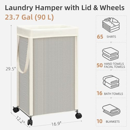 STORAGE MANIAC Laundry Hamper with Wheels, 90L (23.7 Gal) Large Tall Rolling Laundry Basket with Removable and Washable Liner Bag, Aesthetic Dirty Clothes Hamper for College, Dorm, Off-white