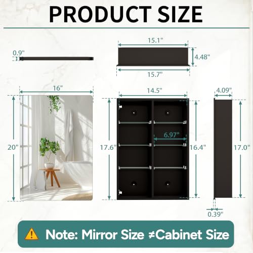 Black Medicine Cabinet with Mirror 16x20 Inch, Small Bathroom Wall Cabinet with Storage, Modern Matte Finish, 6 Adjustable Glass Shelves, Silent Soft Close, Rust Proof Aluminum Organizer - size: 16"x 20"