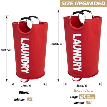 Maxsilan 90L Large Laundry Basket Bag, Collapsible Tall Hamper, Red | Freestanding tall laundry bag & foldable washing basket. Extra large clothes storage bin with durable sturdy handles - color: Red, size: 90L
