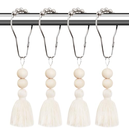 Boho Shower Curtain Hooks Rings Rustproof, CHICTIE Nautical Decorative Shower Curtain Rings with Handmade Wood Beads Tassel, Farmhouse Home Bathroom Bedroom Decor Set of 12 (Natural Cotton) - color: Natural Cotton