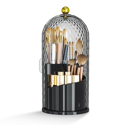 Dustproof Toothbrush Holder with Lid, 360 Rotating Countertop Electric Toothbrush Toothpaste Holders with Cover for Bathroom, 3 Slots Makeup Brush Holder with Lid for Vanity, Black - color: Dia Black