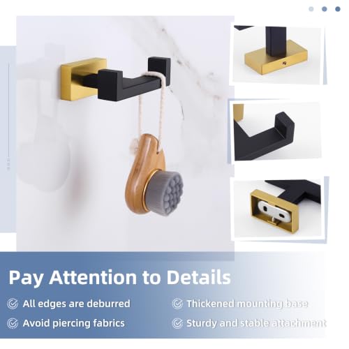 Angle Simple Double Towel Hook Black and Gold, Bathroom Robe Holder, 2 Pack | Stainless Steel Coat Hook, Hand Towel Holder Screw Wall Mount - color: Black & Gold, size: 2 Pack