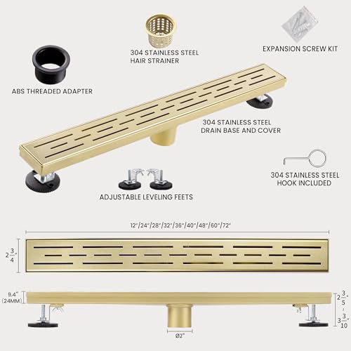 Linear Shower Drain, 28" Brushed Gold, Easy to Install & Clean | Including Hair Catcher & Removable Grate, Fits No-hub System, 304 Stainless Steel(Drain Base Not Included) - color: Brushed Gold, size: 28 inch