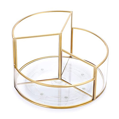 Hipiwe 360° Rotating Makeup Organizer 3-Slot Gold Glass Vanity Holder | Round Spinning Cosmetic Display Case Dresser Bathroom Organizers for Prefume Makeup Bushes Lipsticks Storage - style: Round,3-Slot