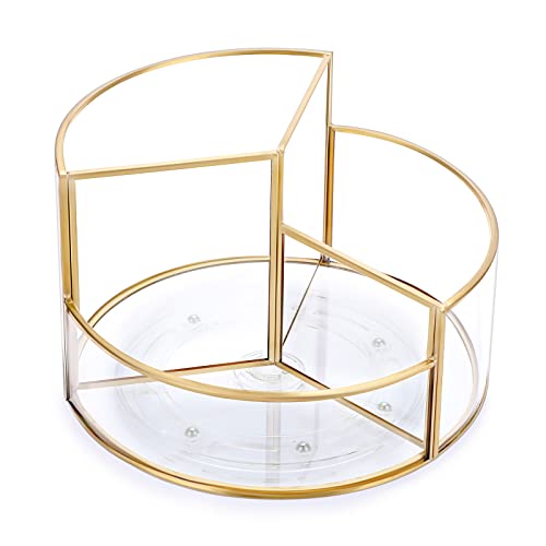 Hipiwe 360° Rotating Makeup Organizer 3-Slot Gold Glass Vanity Holder | Round Spinning Cosmetic Display Case Dresser Bathroom Organizers for Prefume Makeup Bushes Lipsticks Storage - style: Round,3-Slot