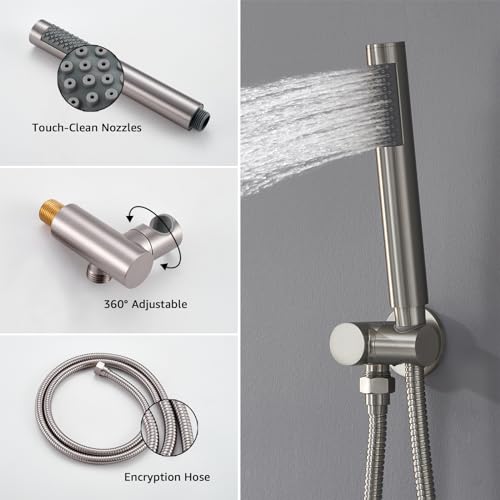 Iriber Brushed Nickel Round Rain Shower System with 4 PCS Body Jets 3 Function Shower Faucet Set Contain 12 Inch Shower Head and Handheld Wall Mounted Pressure Balance Shower Trim Kit (Valve Included) - color: Brushed Nickel 04