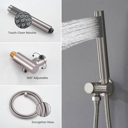 Iriber Brushed Nickel Round Rain Shower System with 4 PCS Body Jets 3 Function Shower Faucet Set Contain 12 Inch Shower Head and Handheld Wall Mounted Pressure Balance Shower Trim Kit (Valve Included) - color: Brushed Nickel 04