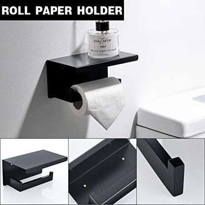 Black Towel Bar Set 5-Piece Bathroom Hardware Set Including 23.6 Inch Towel Bar,Towel Ring Towel Hook and Toilet Paper Holder with Shelf,Stainless Steel Bathroom Accessories Set - color: Black