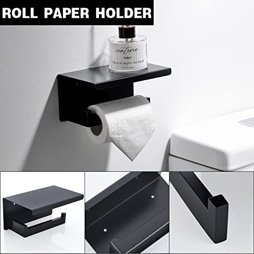 Black Towel Bar Set 5-Piece Bathroom Hardware Set Including 23.6 Inch Towel Bar,Towel Ring Towel Hook and Toilet Paper Holder with Shelf,Stainless Steel Bathroom Accessories Set - color: Black