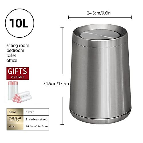 2.6Gallen Brushed Nickel Bathroom Trash Can with Lid, Stainless Steel Garbage Can with Flipping Lid,for Bathroom, Kitchen,Living Room,Bedroom,Hotel (Silver) - color: silver