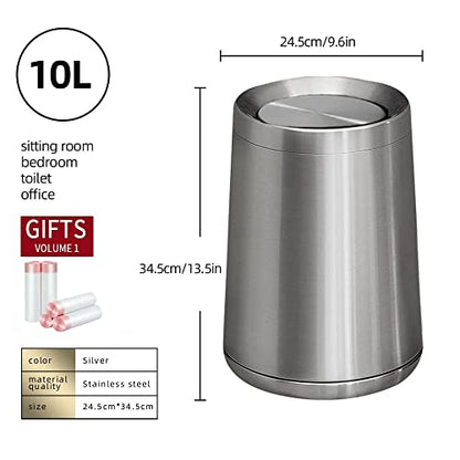 2.6Gallen Brushed Nickel Bathroom Trash Can with Lid, Stainless Steel Garbage Can with Flipping Lid,for Bathroom, Kitchen,Living Room,Bedroom,Hotel (Silver) - color: silver