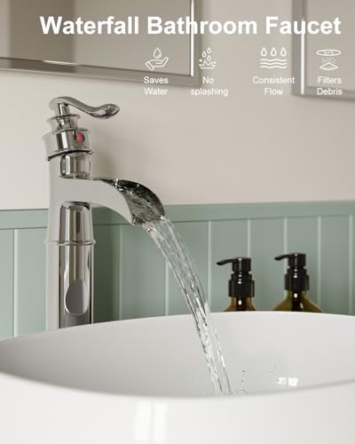 BWE Vessel Sink Faucet Chrome Polished Waterfall Spout Tall Body 1 Hole | Tall Bathroom Faucets with Pop Up Drain Assembly Without Overflow Supply Lines Lavatory Vanity Faucets Commercial - color: Chrome