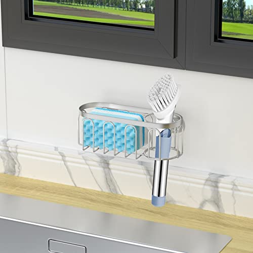 2-in-1 Sponge Holder for Kitchen Sink, Sink Caddy Kitchen Sink Organizer with 3 Suction Cups, No Drill Rustproof Sink Sponge Holder for Dish Brush, Soap & Sponge (Silver) - color: A Style-Silver