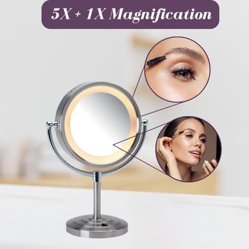 JERDON Lighted Makeup Mirror with 5X Magnification - Nickel - HL745NC | Two-Sided 1X View, 8.5" Diameter, 15.5" Tall, Halo Lighting - color: Nickel