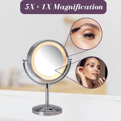 JERDON Lighted Makeup Mirror with 5X Magnification - Nickel - HL745NC | Two-Sided 1X View, 8.5" Diameter, 15.5" Tall, Halo Lighting - color: Nickel