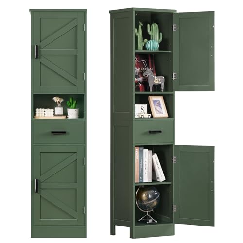 67" H Tall Bathroom Storage Cabinet with Barn Doors and Drawer, Narrow Bathroom Cabinet, Narrow Storage Unit, Adjustable Shelves, Floor Cabinets for Living Room, Forest Green - color: Green
