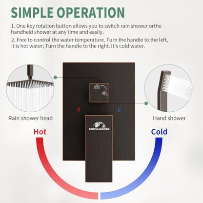 SunCleanse Rainfall Shower System with High Pressure in Oil Rubbed Bronze | Ceiling mounted shower combo set featuring a 12" square rain head, handheld spray, and rough-in mixer valve with trim. - color: Oil Rubbed Bronze, style: 12-ceiling