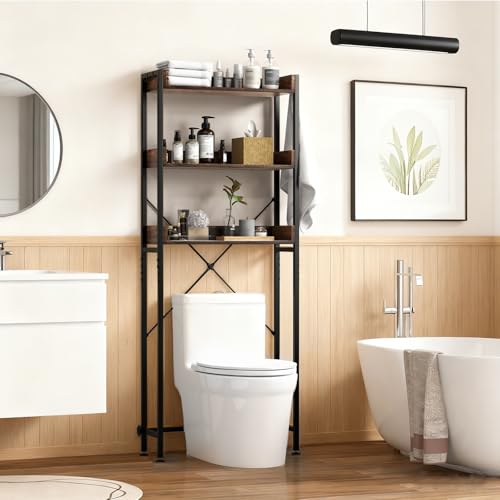 Giantex Over The Toilet Storage Rack, 3-Tier Bathroom Space Saver Organizer with Adjustable Bottom Bar to Fit Most Toilets, Freestanding Above Toilet Storage Rack, Easy Assembly (Brown + Black) - color: Brown + Black