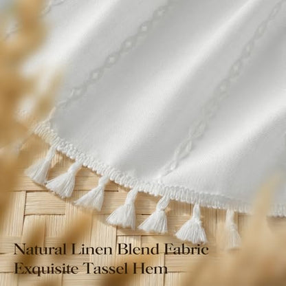 72x87 Ringless Boho Stripe Tassel Shower Curtain with Snap Liner White | Extra Long Size, Heavy Duty Linen Blend, 3 in 1 Shower Curtain Set, Farmhouse Style, Waterproof & Washable, Mesh Top Window - color: White, size: 72"W x 87"L (Pack of 1)