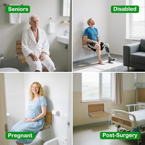 Wall Mounted Folding Shower Seat, 20 Inch Extra Large Solid Wood Shower Bench with Upgraded Waterproof Coating, 440 lbs Capacity for Seniors, Fold Down Shower Seat Easy Install ADA Compliant - size: 20 inches