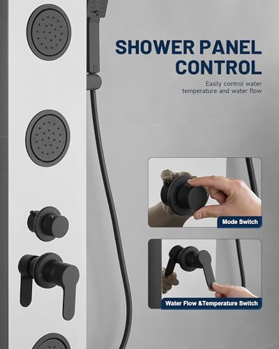 5 In 1 Shower Panel Brushed Nickel Shower Tower System | with Rainfall Waterfall Shower Head 3 Body Jets Handheld Shower Head and Tub Spout Modern Massage by Homevacious - color: Brushed Nickel