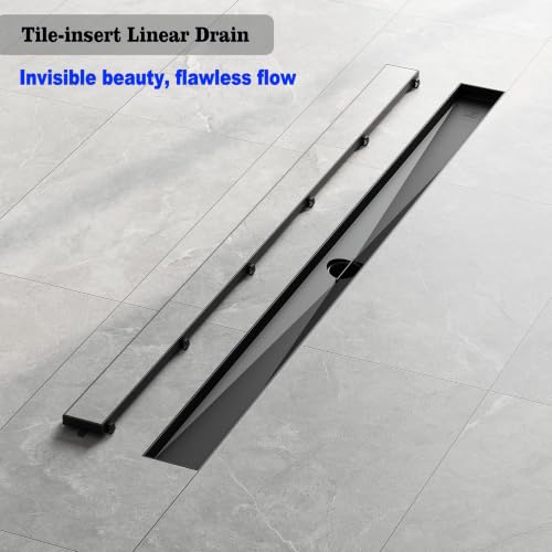 Neodrain 36" Matte Black Linear Shower Drain,2-in-1 Flat& Tile Insert Cover | 304 Stainless Steel,Fast Drainage, Durable,Rectangle Shower Floor Drain with Adjustable Feet,Hair Strainer,Fits Bathrooms - color: Matte Black, size: 36 In