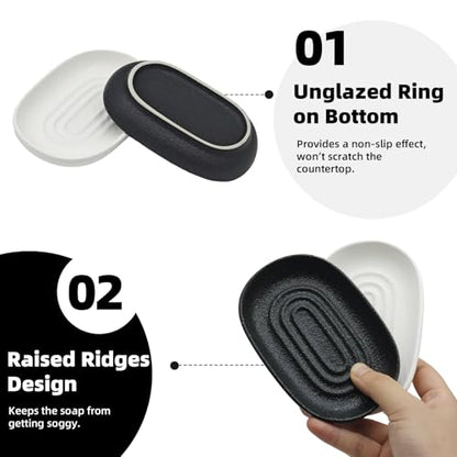 Ceramic Soap Dishes for Bar Soap- Matte White Textured Finish Bar Soap Holder for Bathroom Kitchen Sink & Shower - Easy to Clean Simple Oval Soap Dish Soap Tray for Soap Bars, Sponges, Jewelry - color: White- Textured Matte