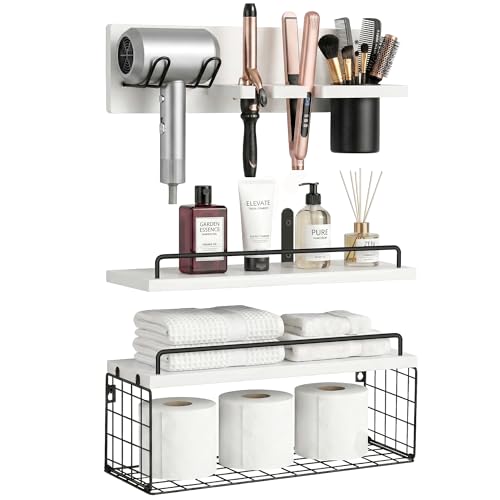 3-Tier Bathroom Floating Shelves with Curling Iron Holder & Hair Tool Organizer, Wall Mounted Rustic Wood Storage Rack Over Toilet with Hair Dryer Holder for Bathroom Decor & Organization - color: White