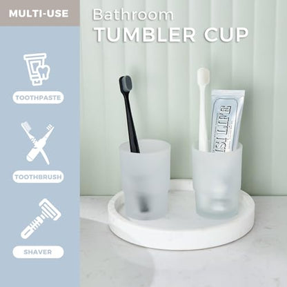 Aomasi Glass Tumbler Cups for Bathroom Sink, 2 Pack, Modern Frosted White | Thickened Substantial Glass, Bathroom Toothbrush Holder for Daily Drinking Water, Easy to Clean, Cabinet Small Items Storage - color: Frosted White