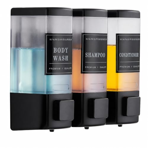 Shampoo and Conditioner Dispenser for Shower, 3 Chamber, Black | Wall Mounted, No Drill, 3×16.9oz, ABS Plastic Material, Refillable With Labels, For Bathroom Hotel - color: Dm35-black