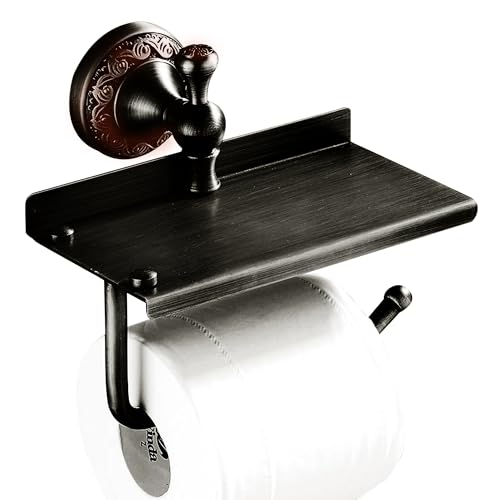Oil Rubble Bronze Brass Bath Toilet Paper Holder with Phone Shelf, Wall Mounted Black Bathroom Hardware Accessories, Pattern Carving Design - color: Toilet Paper Holder With Shelf