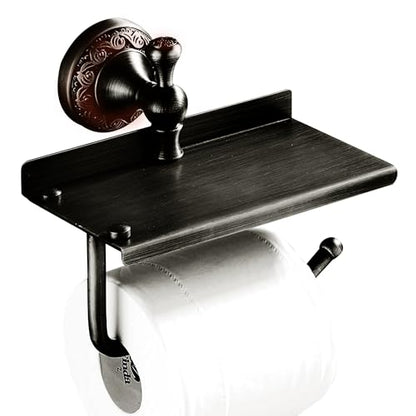 Oil Rubble Bronze Brass Bath Toilet Paper Holder with Phone Shelf, Wall Mounted Black Bathroom Hardware Accessories, Pattern Carving Design - color: Toilet Paper Holder With Shelf