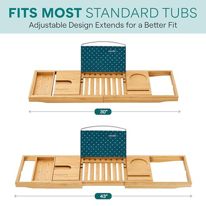 SereneLife Luxury Bamboo Bathtub Caddy Tray - Adjustable Natural Wood Bath Tub Organizer with Wine Holder, Cup Placement, Soap Dish, Book Space & Phone Slot for Spa, Bathroom & Shower - SLBCAD20