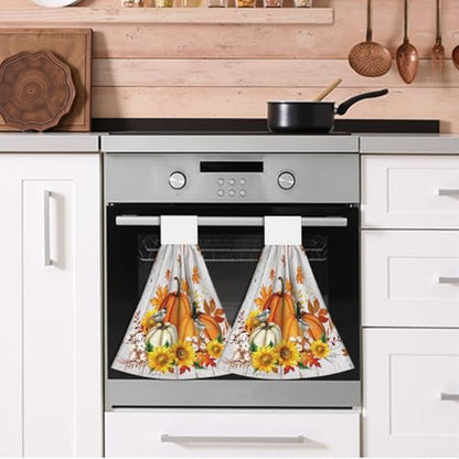 Giwawa Autumn Pumpkin Kitchen Hanging Towel Set of 2 Sunflower Wood Fingertip Dish Tie Towels Fast Drying Washcloth for Bathroom Laundry Tabletop - color: Autumn Pumpkin Wood