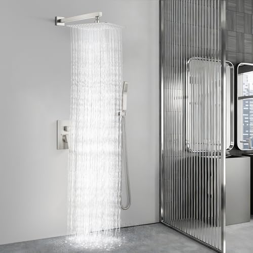 Aolemi Shower Faucet Set with Handheld Brushed Nickel 16 Inch Head | Pressure Balance Shower Valve and Trim Kit,SUS304 Rain Head and Handle System,All Metal,Wall Mount,Bathroom,Handheld Spray - color: Nickel, size: 16 Inch Wall Mount Shower Head