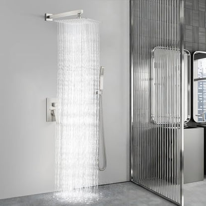 Aolemi Shower Faucet Set with Handheld Brushed Nickel 16 Inch Head | Pressure Balance Shower Valve and Trim Kit,SUS304 Rain Head and Handle System,All Metal,Wall Mount,Bathroom,Handheld Spray - color: Nickel, size: 16 Inch Wall Mount Shower Head