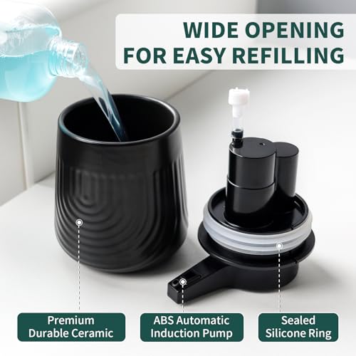 BosilunLife Ceramic Automatic Soap Dispenser with Extended Pump Nozzle, 3 Adjustable Levels, Touchless Foam Hand Wash Foaming Dispenser for Bathroom & Kitchen, Embossed Wave Design, Black, 10oz - color: Embossed Wave-black