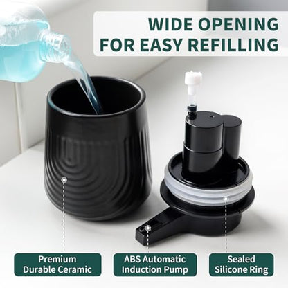 BosilunLife Ceramic Automatic Soap Dispenser with Extended Pump Nozzle, 3 Adjustable Levels, Touchless Foam Hand Wash Foaming Dispenser for Bathroom & Kitchen, Embossed Wave Design, Black, 10oz - color: Embossed Wave-black