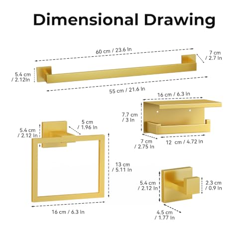 5-Piece Bathroom Hardware Set, 23.6 Inch Towel Bar Set SUS304 Stainless Steel Towel Racks for Bathroom Round Towel Bar, Towel Ring, Toilet Paper Holder, 2 Robe Hooks, Wall Mounted (Brushed Gold) - color: Brushed Gold, size: 5 pack