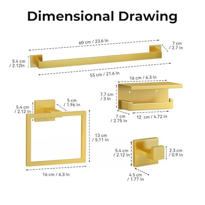 5-Piece Bathroom Hardware Set, 23.6 Inch Towel Bar Set SUS304 Stainless Steel Towel Racks for Bathroom Round Towel Bar, Towel Ring, Toilet Paper Holder, 2 Robe Hooks, Wall Mounted (Brushed Gold) - color: Brushed Gold, size: 5 pack