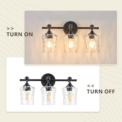 3-Light Bathroom Vanity Light Fixture Over Mirror, Matte Black | Clear Hammered Glass Shades, Beaded Crossbar Frame, Rippled Glow, Wall Mount Up or Down, E26 Socket, Hardwired, 120V - color: Matte Black