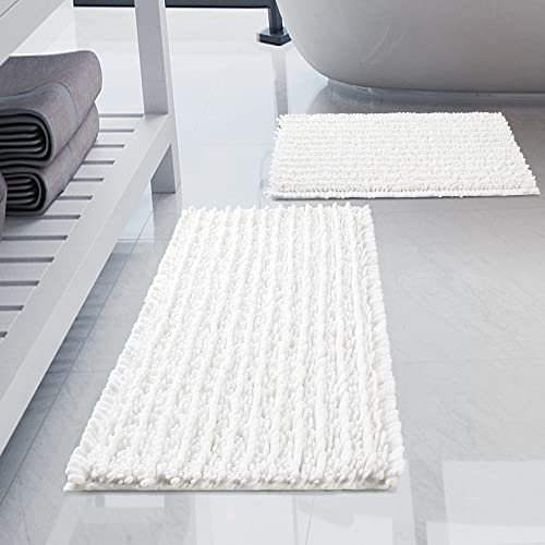 Luxury Chenille White Bathroom Rugs Sets 2 Piece, Thickened Hot Melt Rubber Bottom Bath Mats for Bathroom Non Slip,Bath Rugs Quick Dry Machine Washable for Shower Mat (32"x20"+17"x24") - color: White, size: 32" x 20" Plus 17" x 24"