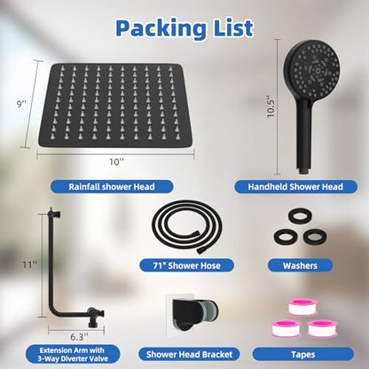 10" Metal Rainfall Shower Head with 10-Mode Handheld, Matte Black | NSF/ANSI/CAN 372 Certified, High Pressure Showerhead Combo with 11" Adjustable Shower Arm, 71" Hose, Shower Head Holder - color: Matte Black, style: Square 10"