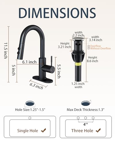 Bathroom Faucets with Pull Down Sprayer, Bar Sink Faucet Single Hole for Kitchen Campers with Pop-Up Drain Hose, Suitable for Farmhouse Vanity Lavatory - color: Matte Black, style: Pull Down