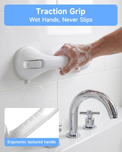 2 Pack Shower Grab Bar for Shower and Bathtubs, No Drilling, White | Suction Shower Handle for Elderly, Suction Cup Removable Handrails Safety Grip, Heavy Duty, 12 inch - color: White
