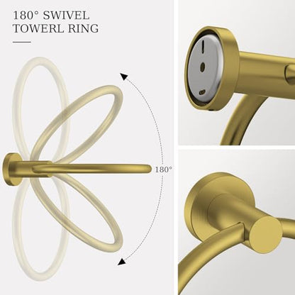 Brushed Gold Toilet Paper Holder & Towel Holder Bathroom Hardware Set | SUS304 Stainless Steel Double Post Pivoting Tissue Roll Holder and Hand Towel Ring Set for Bathroom RV by Evolvegoods - color: Brushed Gold